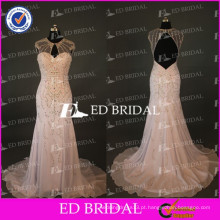 ED Bridal Sparkle Sheath Cap Sleeve Open Back Pesado Beaded Peach Chiffon Prom Dress Long